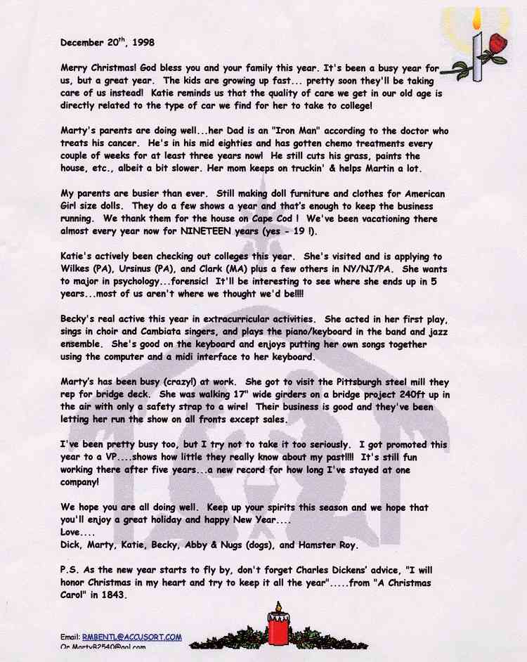 1998 Christmas Letter page 1 of 1