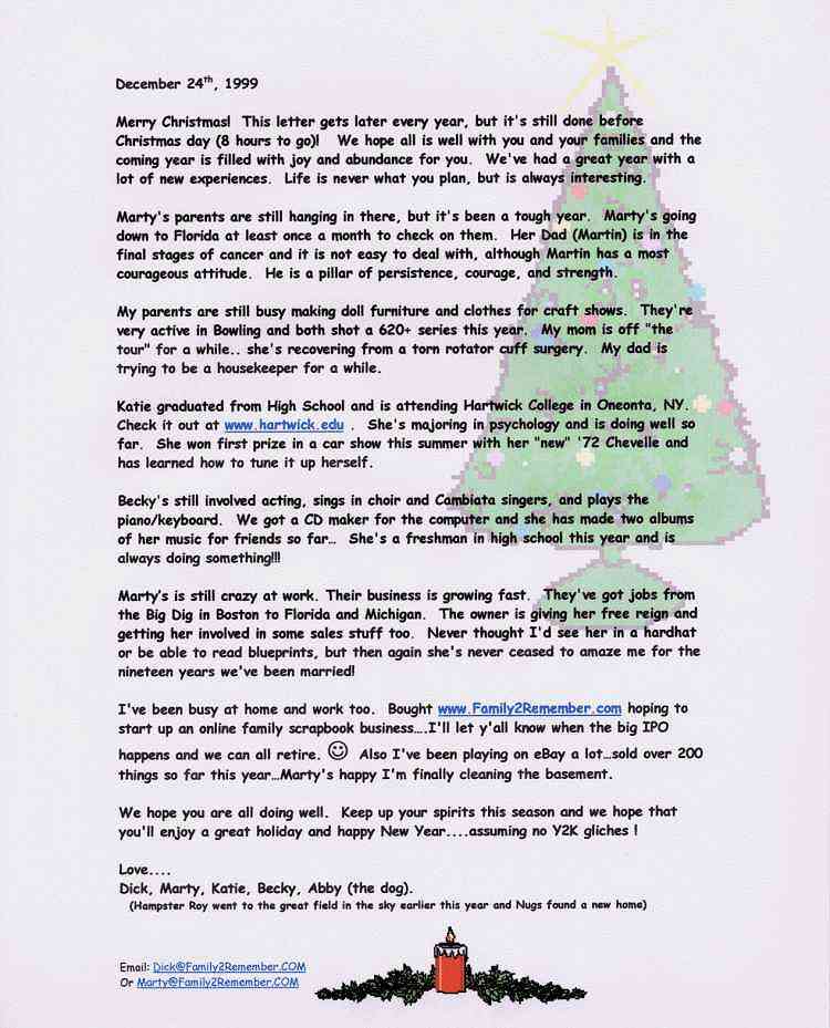 1999 Christmas Letter page 1 of 1